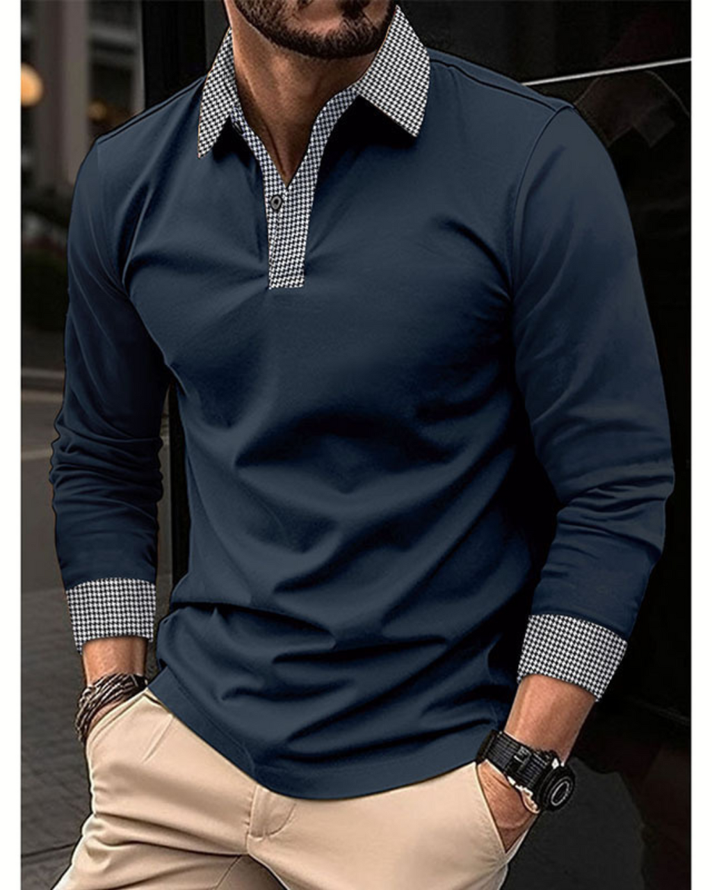 Men's Long-sleeved Polo Shirt Printing Color Contrast Casual