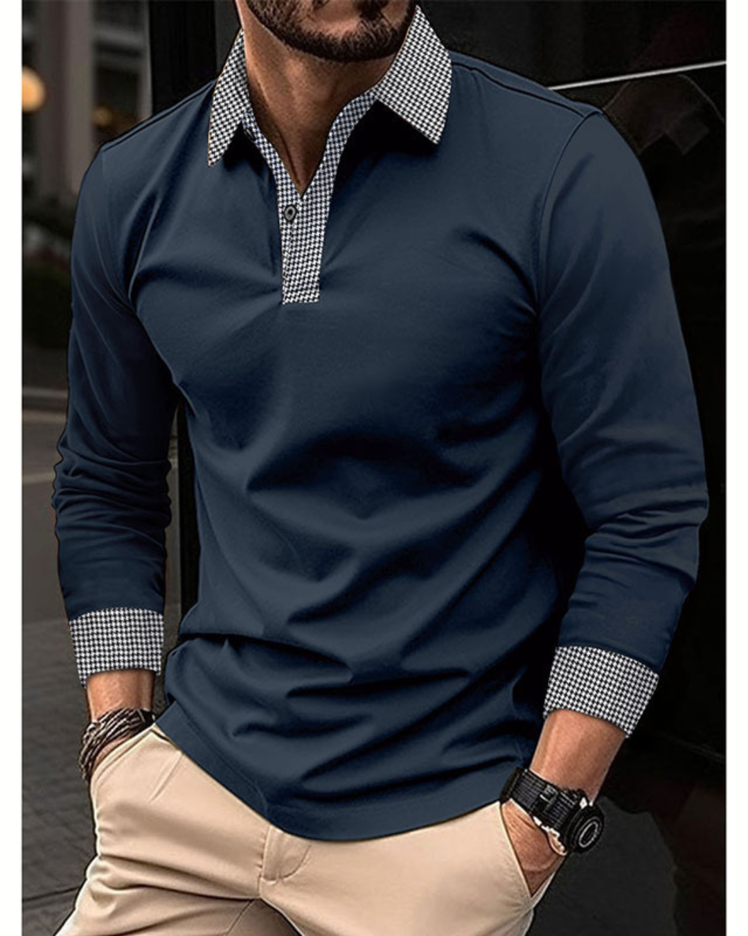 Men's Long-sleeved Polo Shirt Printing Color Contrast Casual