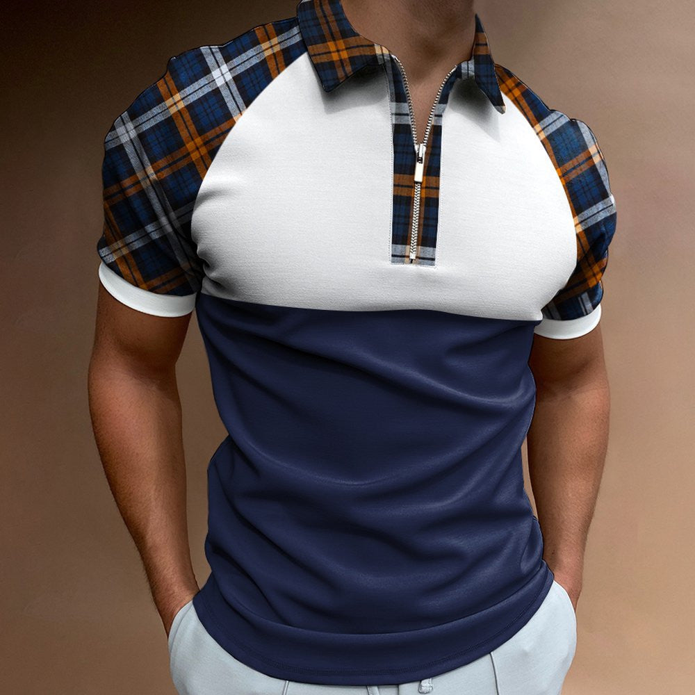 Short Sleeve POLO Shirt Casual Striped Plaid Print Zip Sweatshirt