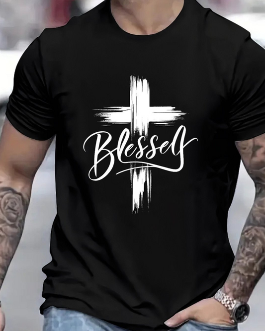 Blessed Print T-shirt, Men's T-shirt, Summer Casual Short Sleeved T-shirt