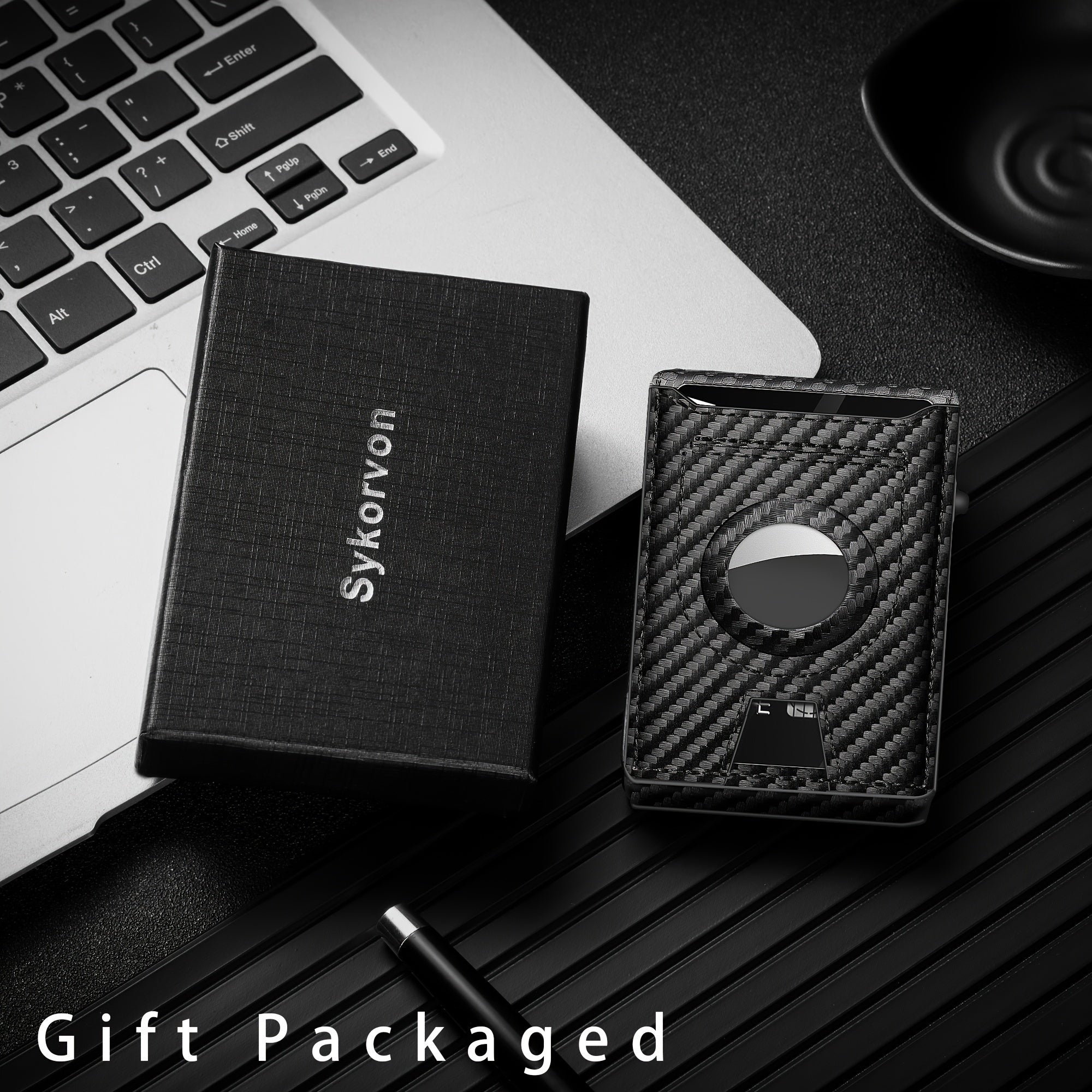 Men's Carbon Fiber RFID Blocking Bi-Fold Wallet With Pop-Up Aluminum Card Slot And AirTag Slot - Minimalist Black Credit Card Holder