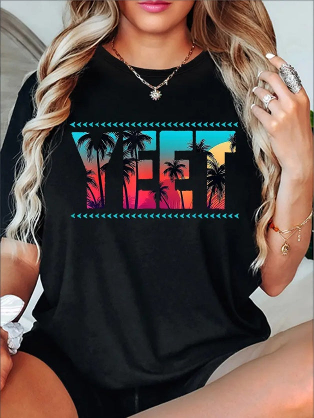 Coconut Tree Graphic Tee - Women's Casual Short Sleeve T-Shirt, Stretchy Polyester Blend, Machine Washable - Perfect For Spring & Summer