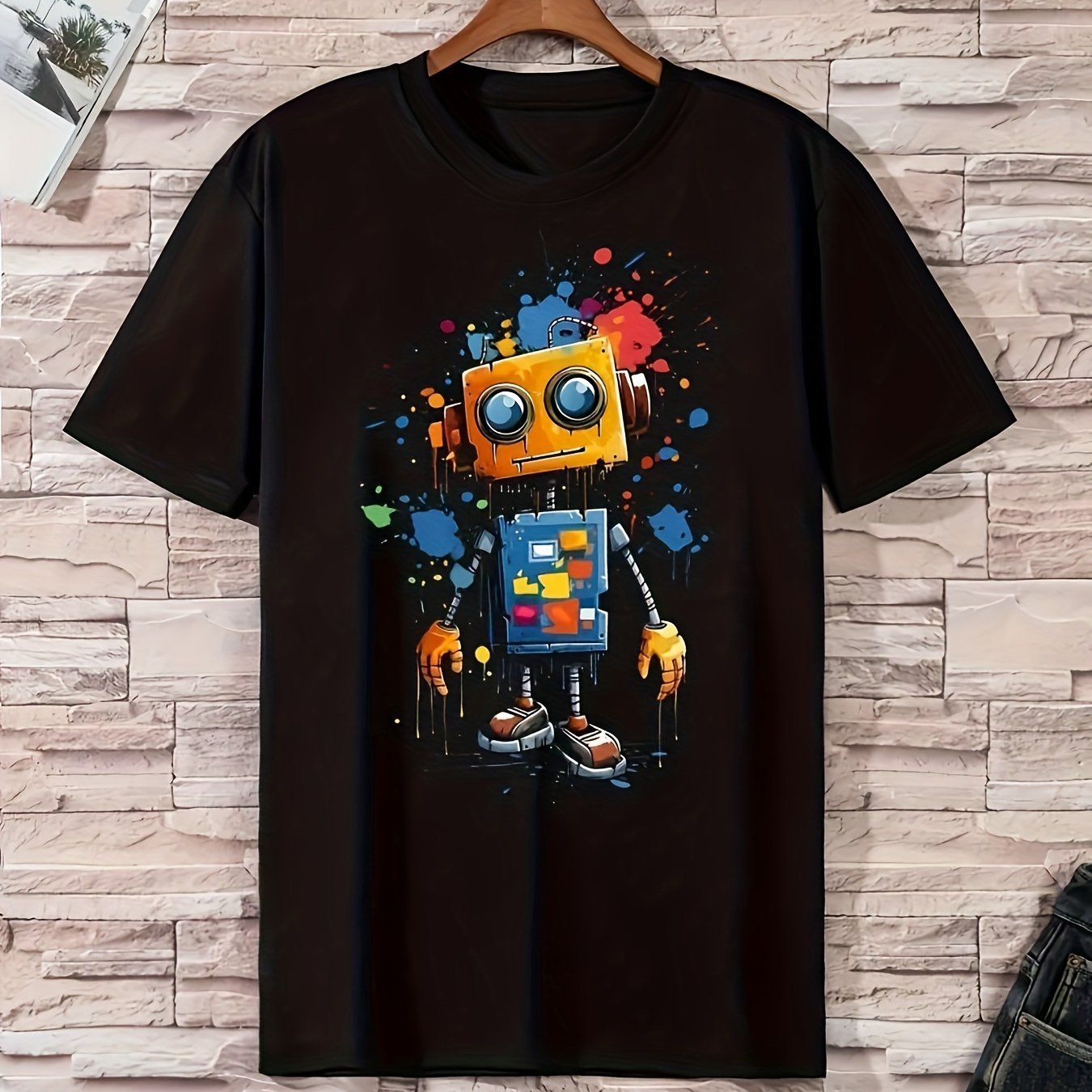 Men's Robot Pattern Printed T-shirt, Casual Short Sleeve Round Neck T-shirt, Men's Outdoor