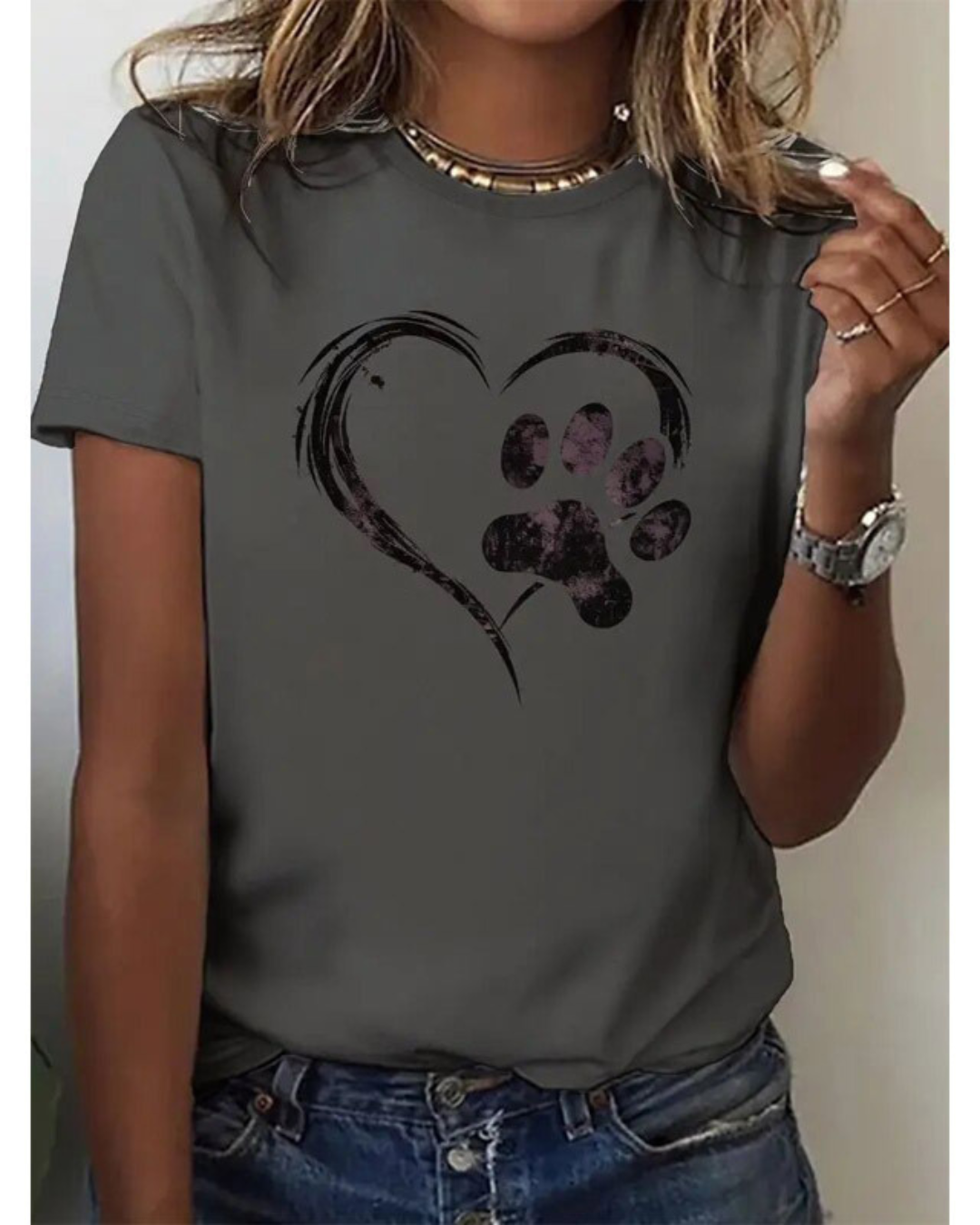 Women's Heart & Paw Print Crew Neck T-shirt Casual Short Sleeve Top For Summer