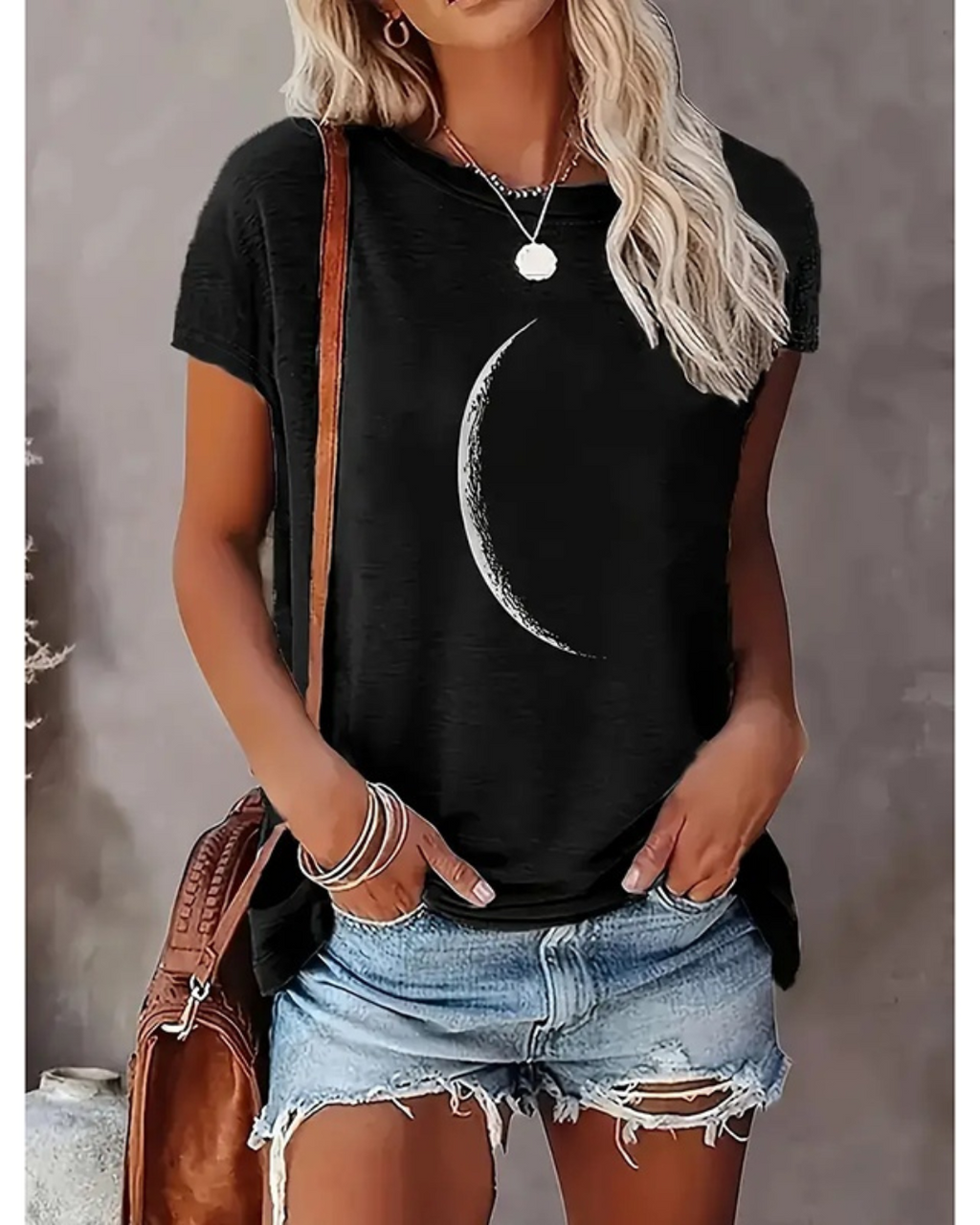 Casual Crew Neck Graphic Tees For Women Summer Cute Moon Print Short Sleeve T-Shirt Tops