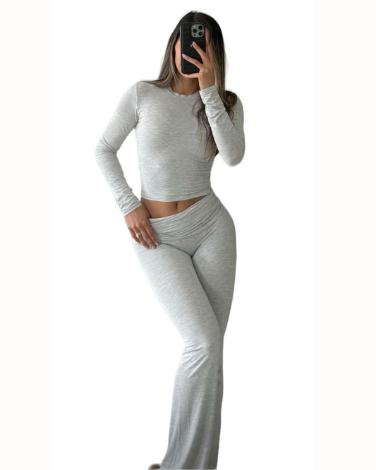 Leisure Sports Two-piece Set, Long Sleeved High Waisted Foldable Flared Pants, Sports Suit, Streetwear