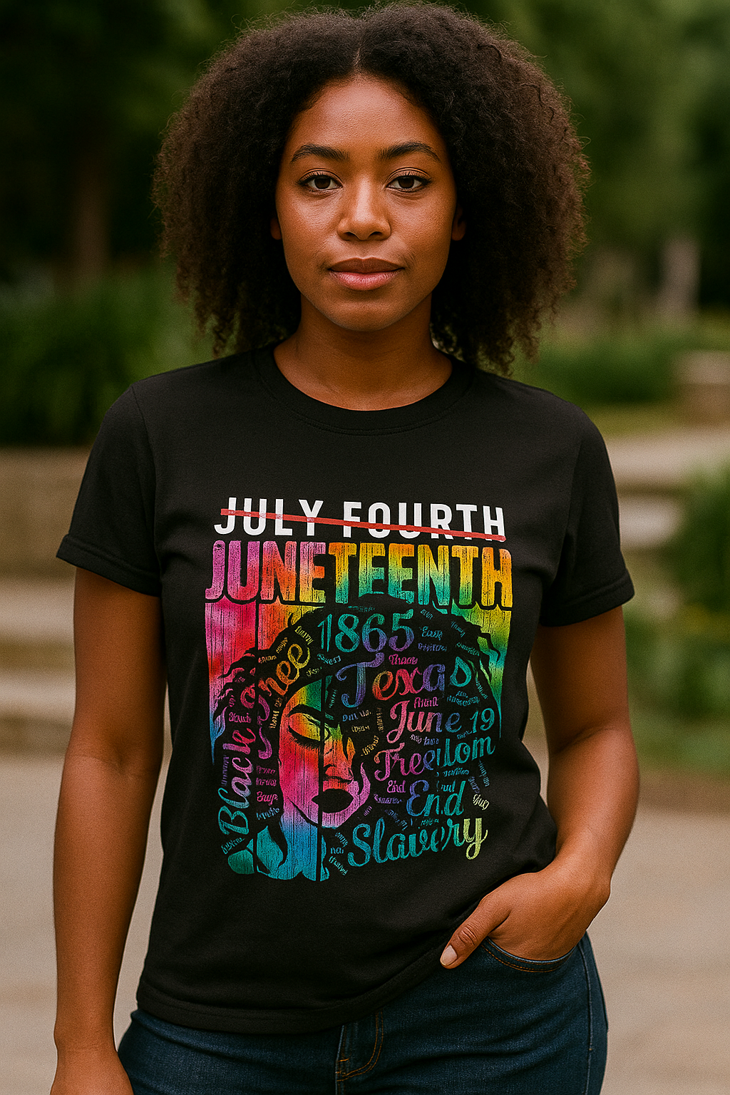 New Feminine Independence Day Portrait Print Crew Neck T-Shirt