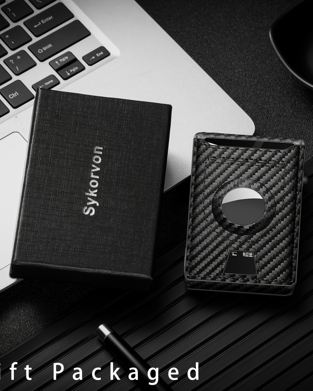 Men's Carbon Fiber RFID Blocking Bi-Fold Wallet With Pop-Up Aluminum Card Slot And AirTag Slot - Minimalist Black Credit Card Holder