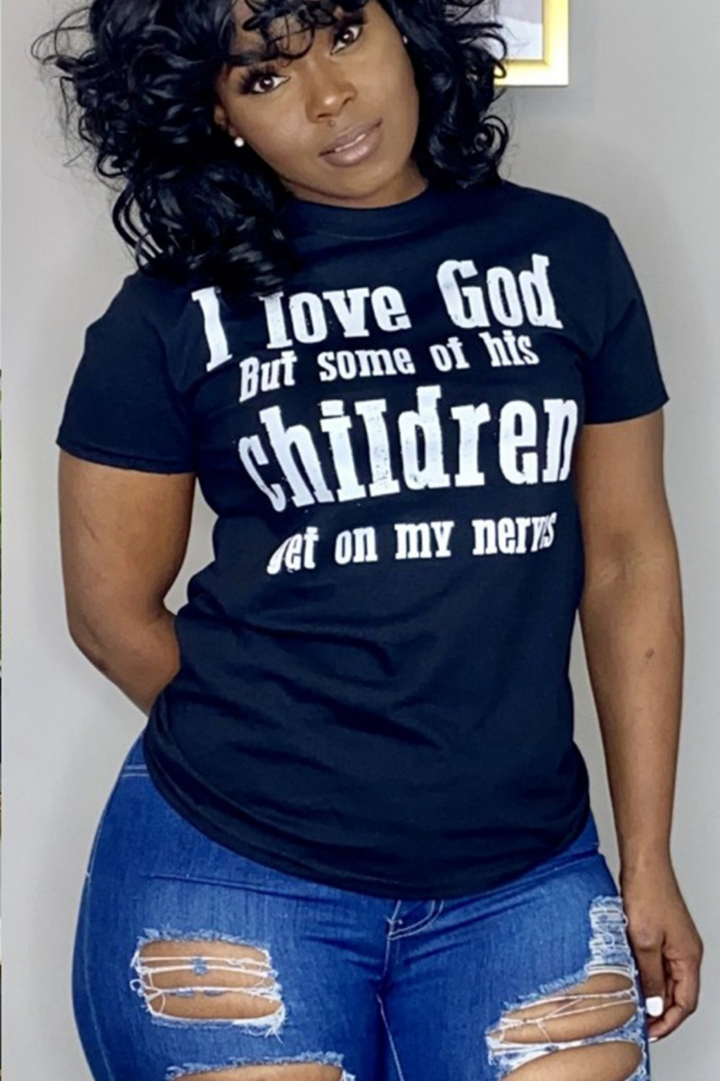 Printed Letters I Love God Round Neck Short Sleeve Ladies T-Shirt