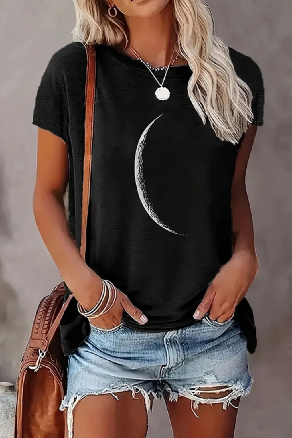 Casual Crew Neck Graphic Tees For Women Summer Cute Moon Print Short Sleeve T-Shirt Tops