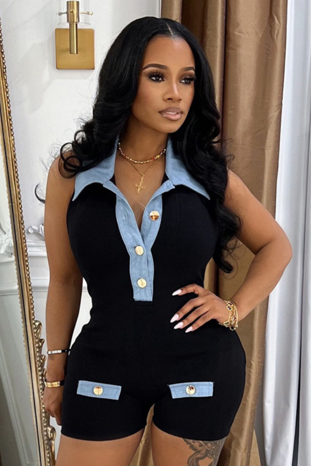 Polo Collar Denim Contrast Colors Slimming Women's Clothing One-piece Shorts