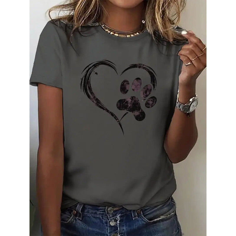 Women's Heart & Paw Print Crew Neck T-shirt Casual Short Sleeve Top For Summer