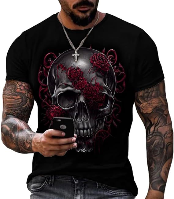 Printed Men's Short Sleeve Skull Head Round Neck T-shirt Hot Selling Short Sleeve