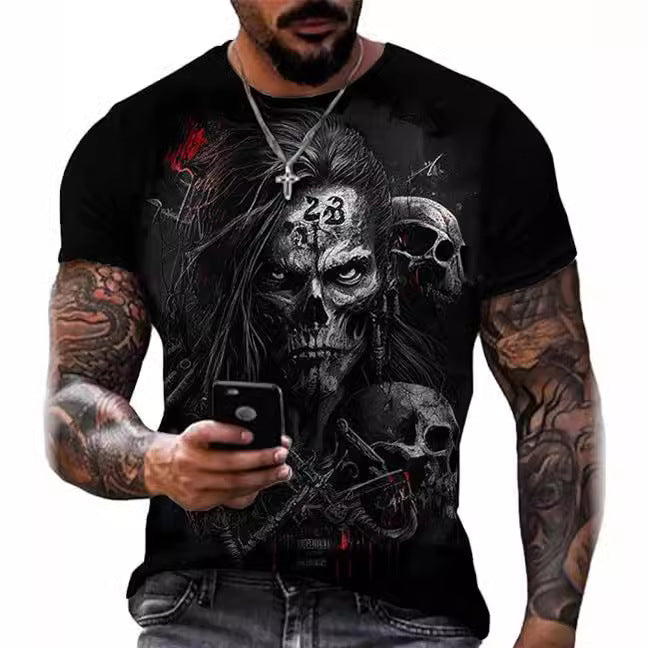 Printed Men's Short Sleeve Skull Head Round Neck T-shirt Hot Selling Short Sleeve