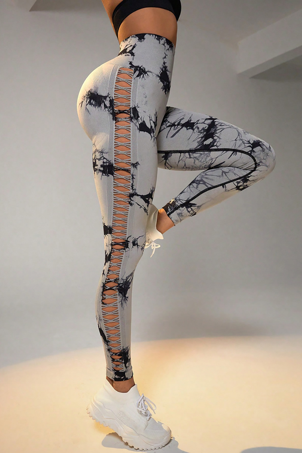 Cut Out Side Hollow Tie Dyed Yoga Pants, High Waist And Hip Lifting Fitness Pants With Side Hollow Seamless Sports Tights, Workout Gym Yoga Pants Scrunch Butt Lift Tights