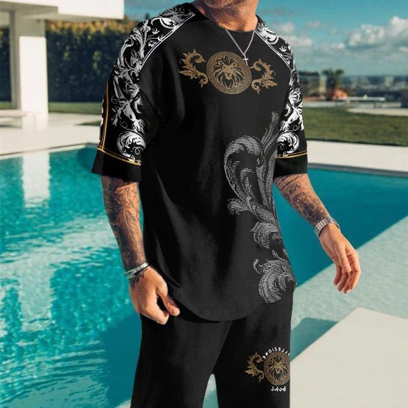 Men's Fashion Casual Printed Short-sleeved Shorts Set