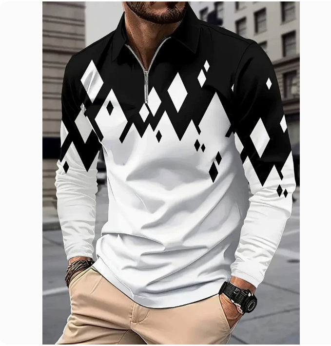Men's Polo Shirt Long Sleeve Color Matching Zipper T-shirt Top