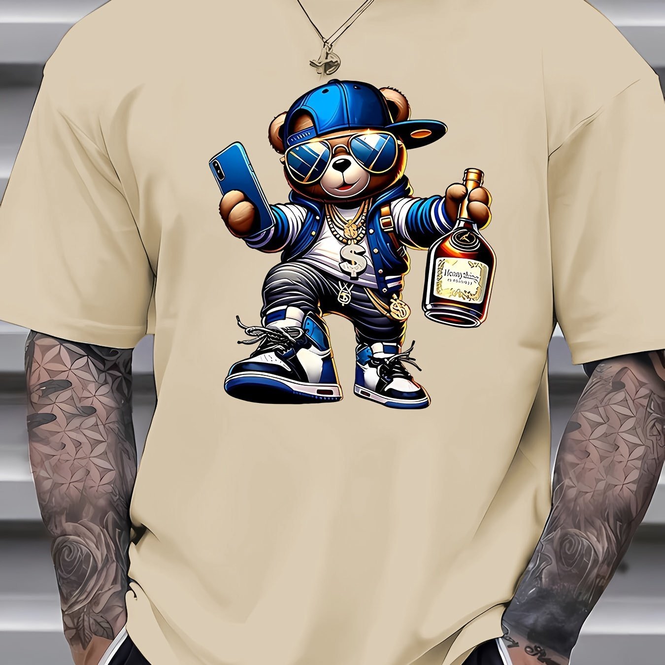 Street Style Bear Print T-shirt, Men's T-shirt, Summer Casual And Comfortable Short Sleeved T-shirt