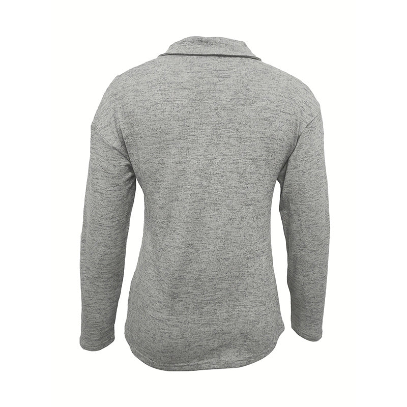 Women's Solid Color Knit Zip-Up Collar Long Sleeve Top - Casual Fashion Blouse For Spring&Fall