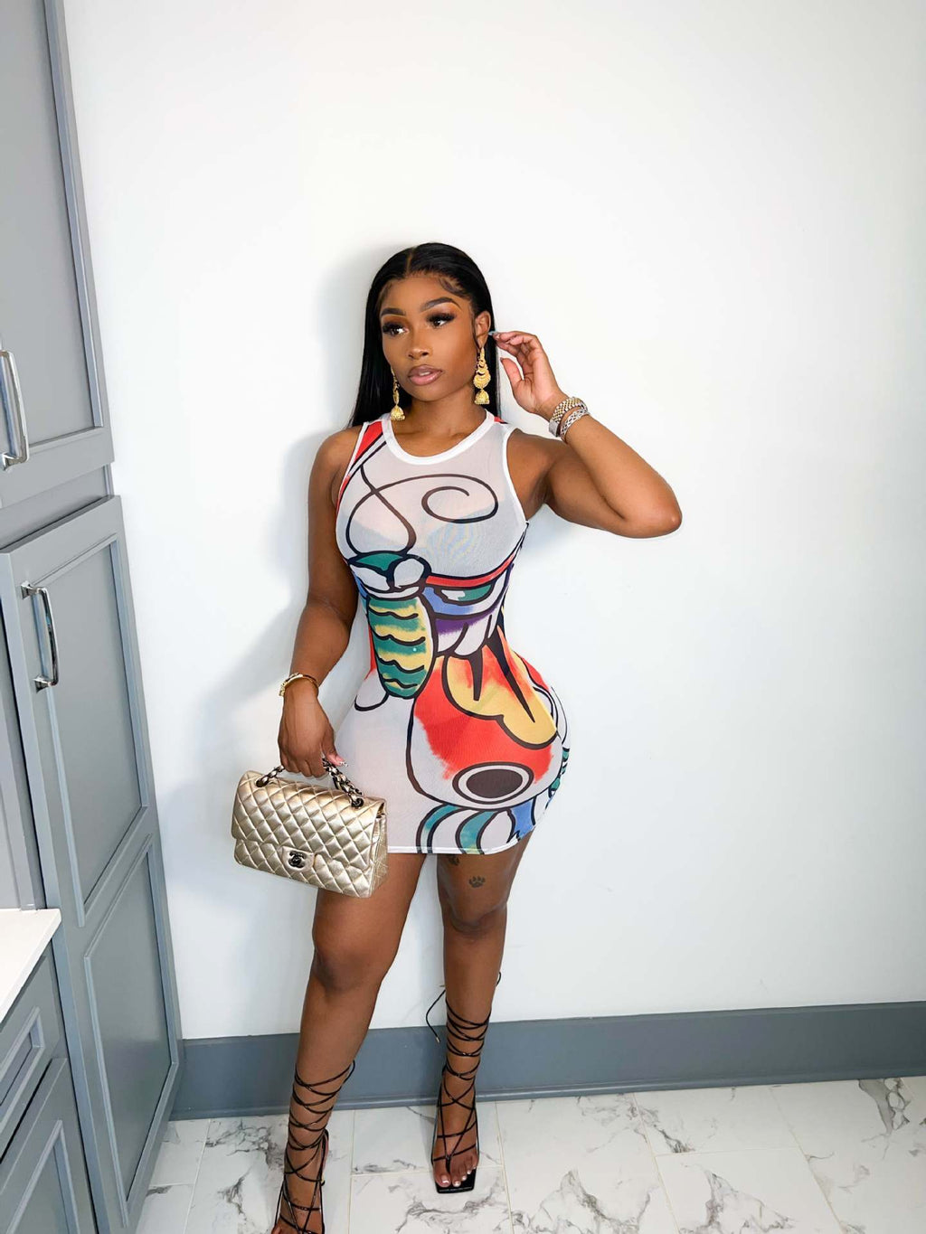 Women's Mesh Graphic Print Sleeveless Slim Fit Hip Dress