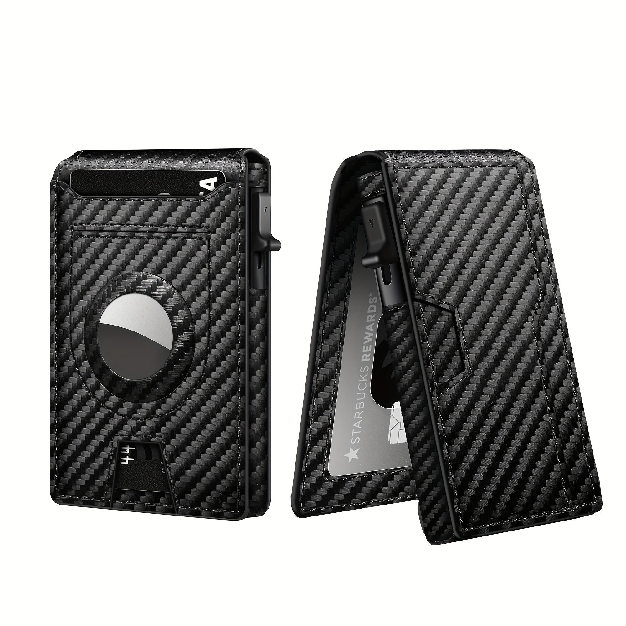 Men's Carbon Fiber RFID Blocking Bi-Fold Wallet With Pop-Up Aluminum Card Slot And AirTag Slot - Minimalist Black Credit Card Holder