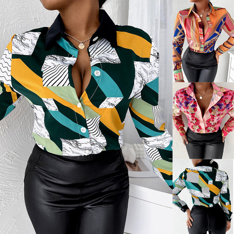 Women's Fashion Casual Polo Collar Button Printed Shirt