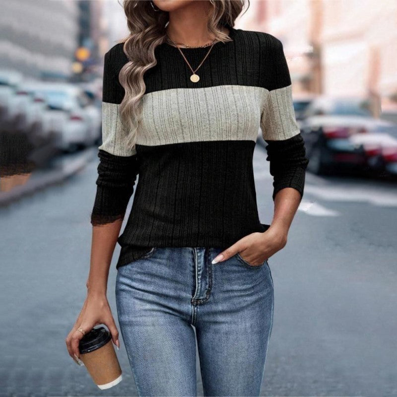 Women's Elegant Color-Block Round Neck Top - Basic Solid Color Contrast Casual Shirt For Fall&Winter