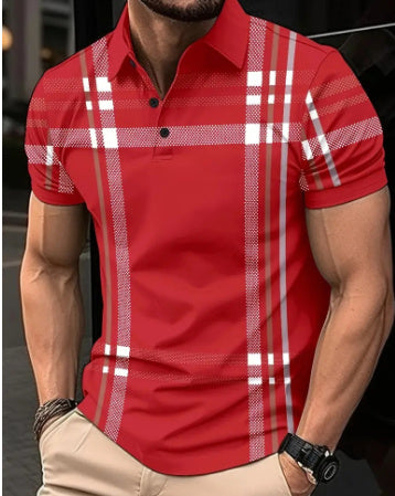 Men's Printed Plaid Striped Polo Shirt
