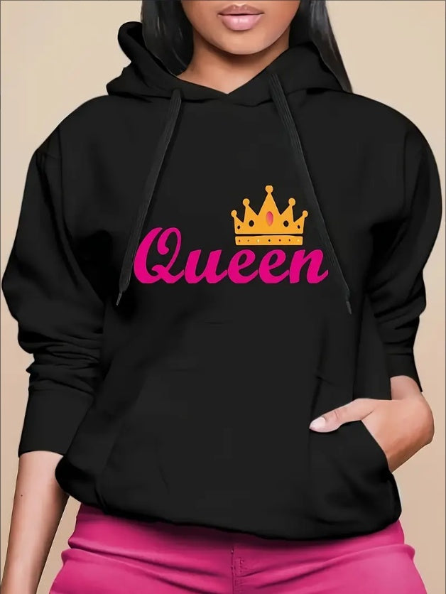 Plus Size Women's Long Sleeve Drawstring Hooded Sweatshirt With Pockets, Letter & Crown Print Casual