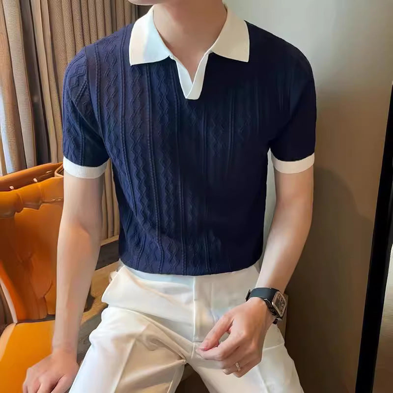 Trendy Men's Polo Shirt V Lapel Stretch Jacquard Texture Slim-fit Short-sleeved Knitted Top
