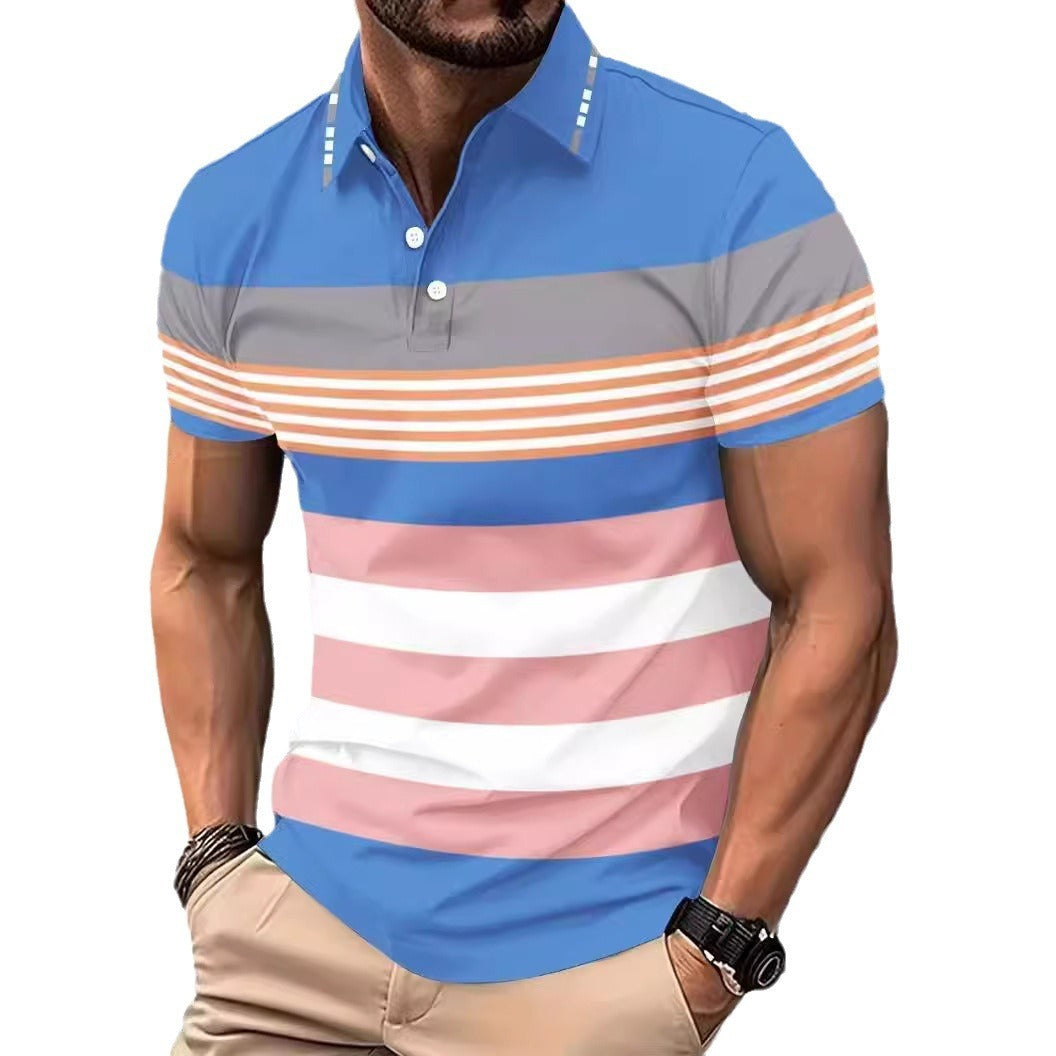 Men's Color Block Digital Printing Button Short Sleeve