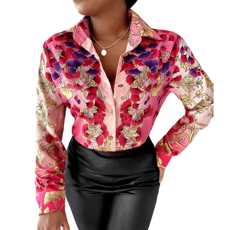 Women's Fashion Casual Polo Collar Button Printed Shirt