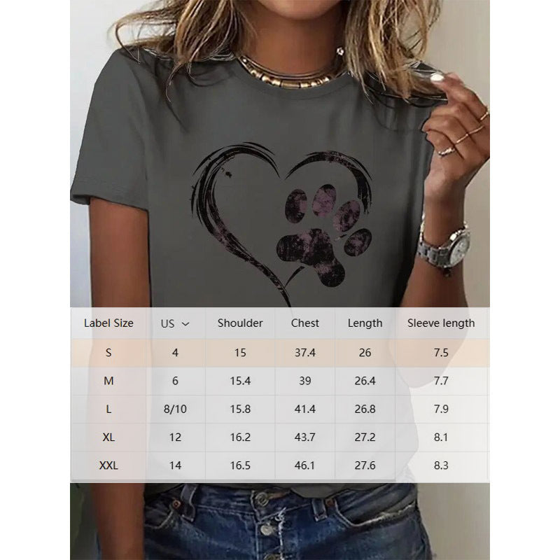 Women's Heart & Paw Print Crew Neck T-shirt Casual Short Sleeve Top For Summer