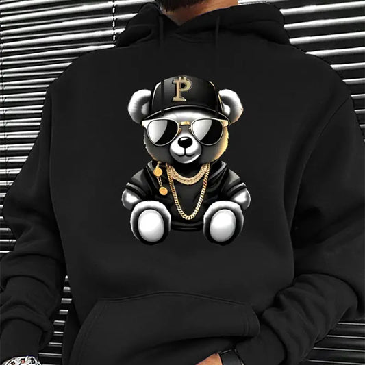 European And American Men's Hip-hop Teddy Bear Print Autumn And Winter Long Sleeved Hooded Sweatshirt With Fleece