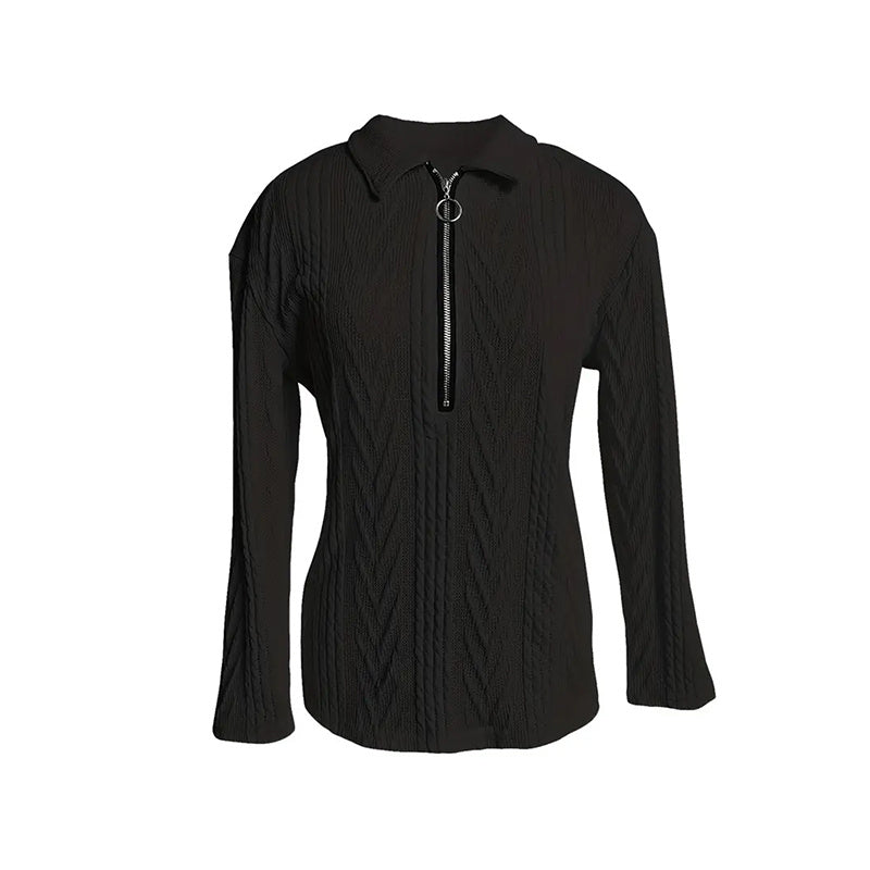 Women's Solid Color Textured Zip-Up Collared Long Sleeve Top - Casual Fall&Spring Blouse With Stretchy Comfort Fit