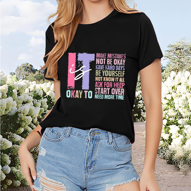 Women's Letter Print Round Neck T-Shirt Casual Short Sleeve Tee