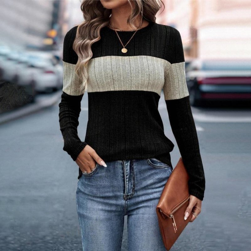 Women's Elegant Color-Block Round Neck Top - Basic Solid Color Contrast Casual Shirt For Fall&Winter