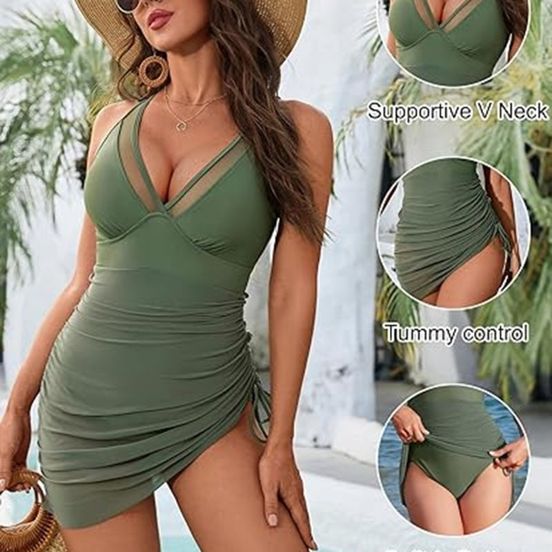 Women's One-Piece Swim Dress, Tummy Control Swimsuit With Mesh Sheer Sarong Wrap