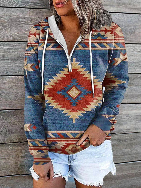 New ethnic tribal print hooded sweater jacket top