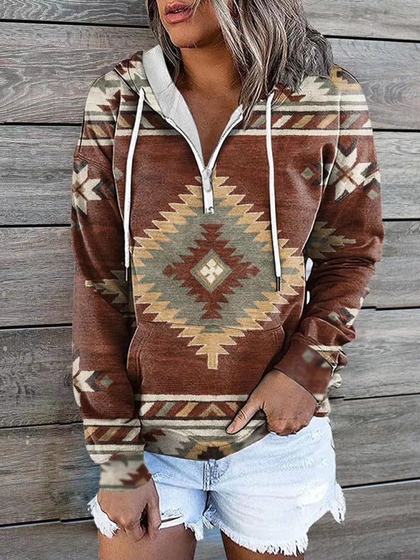 New ethnic tribal print hooded sweater jacket top