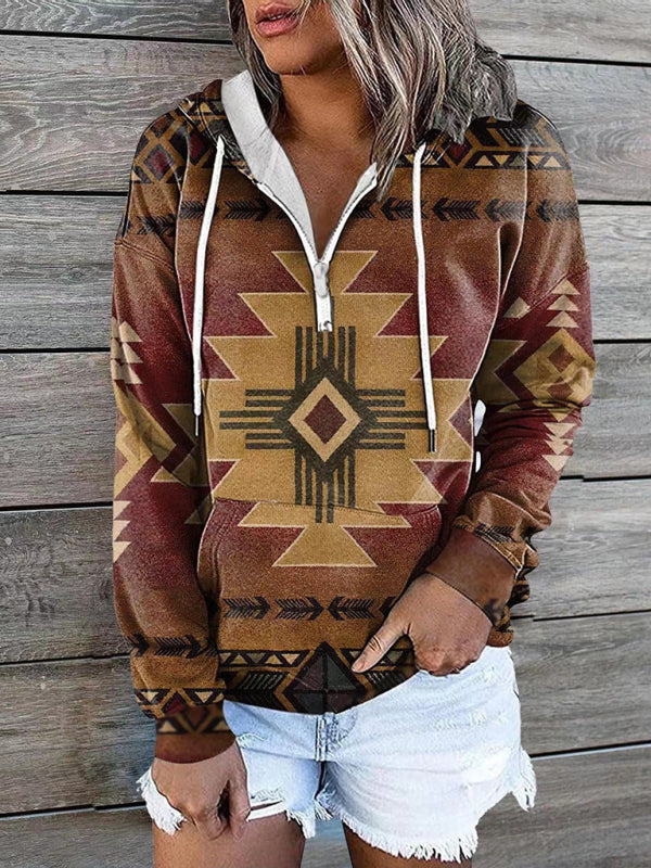 New ethnic tribal print hooded sweater jacket top