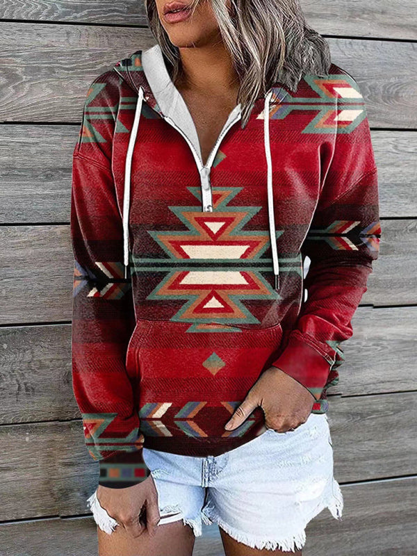 New ethnic tribal print hooded sweater jacket top