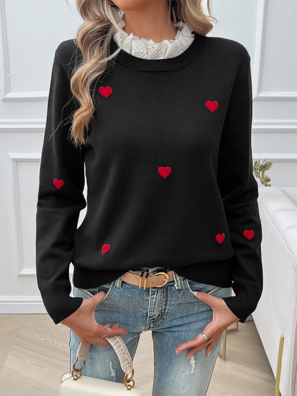 Women's Temperament Casual Embroidered Love Heart Long Sleeve Sweater