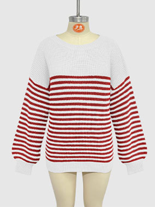 Fashion striped color block knitted long sleeve round neck sweater