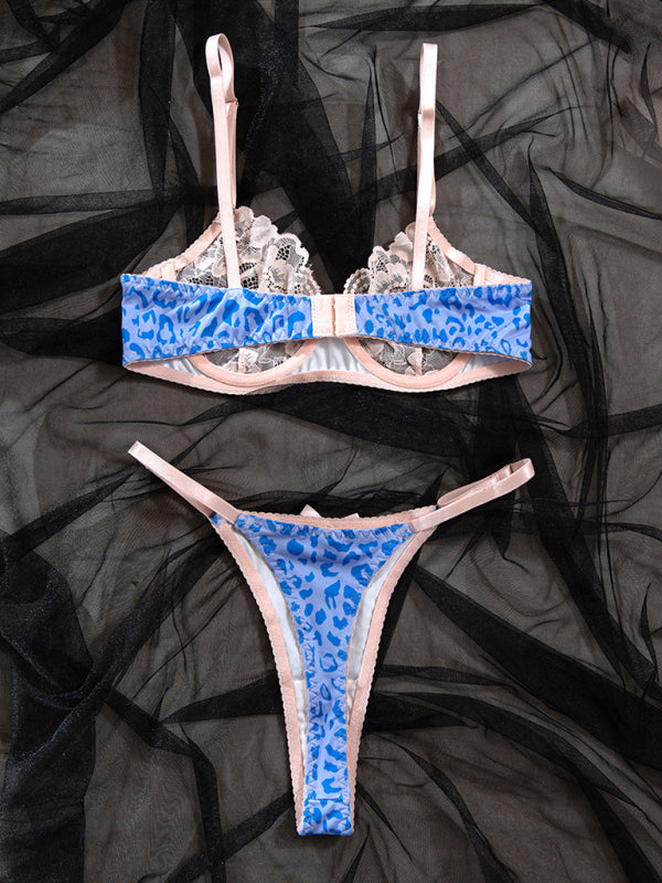 Ultra-thin light pink lace and blue leopard print underwire sexy lingerie set