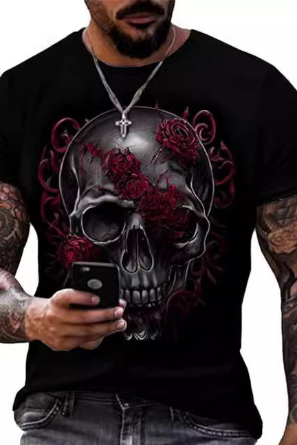 Printed Men's Short Sleeve Skull Head Round Neck T-shirt Hot Selling Short Sleeve